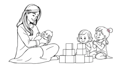 Kleurplaat van een jonge vrouw met drie kinderen, die op de grond spelen met bouwstenen en een baby vasthoudt.
