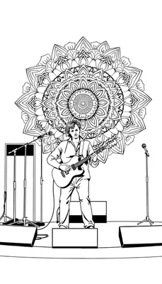 Kleurplaat van een gitarist op een podium met een mandala als achtergrond.