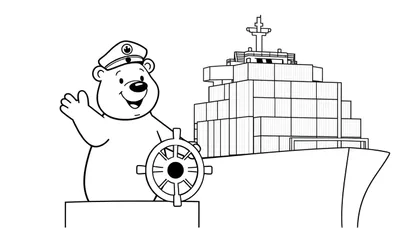 Een cartoon ijsbeer als kapitein op een containerschip, klaar om te kleuren.