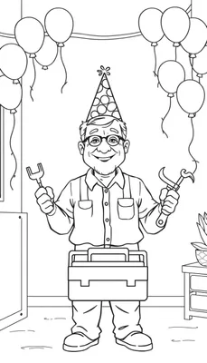 Kleurplaat van een feestelijke opa met een verjaardagshoed en gereedschap.