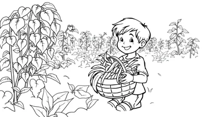 Kleurplaat van een lachende jongen met een mand vol groenten in een tuin.