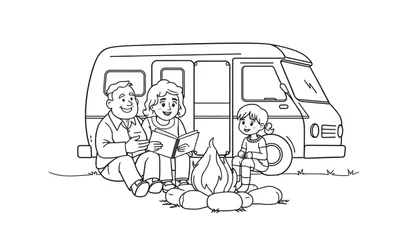 Een kleurplaat van een kampeerdersfamilie bij een kampvuur met hun camper.