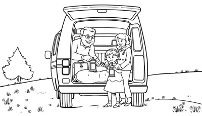 Kleurplaat van een gezin dat aankomt op de camping, met de vader die een lantaarn vasthoudt.