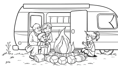 Kleurplaat van een kamperend gezin met opa, oma, een jongetje en een meisje bij een caravan en kampvuur.