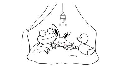 Kleurplaat van een lachende kikker met bril, een schattig konijn en een eend die in een bed slapen onder een baldakijn met een lantaarn.