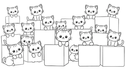 Zwart-wit kleurplaat van 15 schattige cartoonkatten die spelen met blokken.