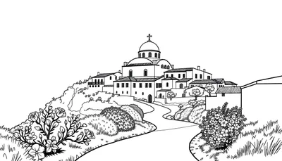 Zwart-wit kleurplaat van een Grieks dorp op een heuvel met een Byzantijnse kerk.