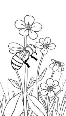Een zwart-wit kleurplaat van een bij in een bloemenveld.