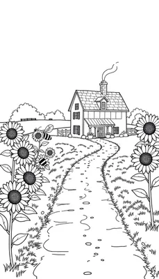 Kleurplaat van een boerderij met zonnebloemen en een bij.
