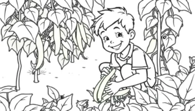Kleurplaat van een jongen die boontjes plukt in de tuin met lieveheersbeestjes.