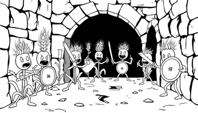 Een kleurplaat van boze tarweplant-wezens die vechten in een stenen tunnel.