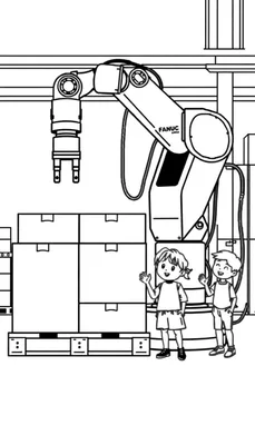 Kleurplaat van een Fanuc robot met twee zwaaiende kinderen naast een pallet met dozen.