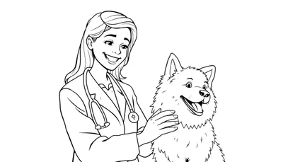 Vrolijke dierenarts met hond, een kleurplaat