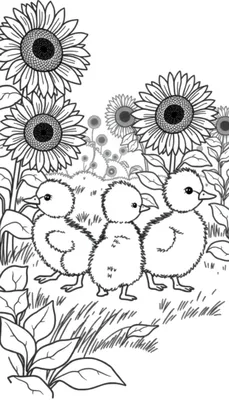 Kleurplaat: Drie schattige eendjes in een zonnebloemenveld.