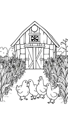 Zwart-wit kleurplaat van een boerderij met schuur, kuikens en maïs.