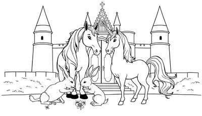 Een kleurplaat van een sprookjeskasteel met een eenhoorn, een paard en twee konijnen.