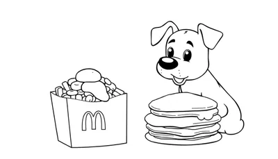 Een zwart-wit kleurplaat van een hondje dat naar pannenkoeken en McDonald's frietjes kijkt.