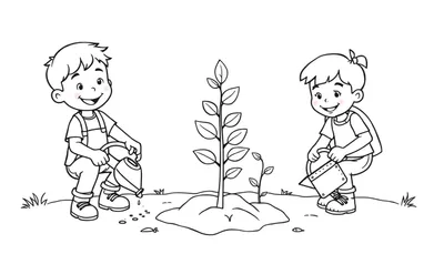 Kleurplaat van twee kinderen die water geven aan een pas geplante boom.