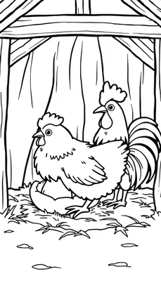 Een zwart-wit kleurplaat van een kippenhok met een hen op een nest en een haan erachter.