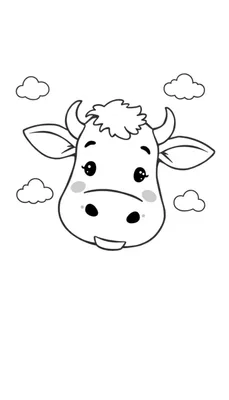Kleurplaat van een schattig cartoonkoegezicht met grote ogen en kleine hoorntjes.
