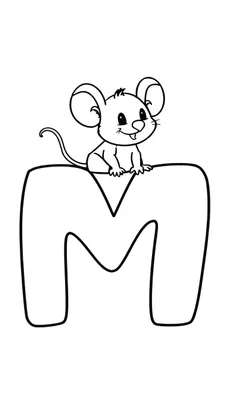Zwart-wit tekening van een schattige cartoonmuis zittend op de grote letter M, een kleurplaat voor kinderen.