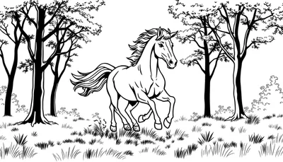 Kleurplaat van een galopperend paard in een bos.