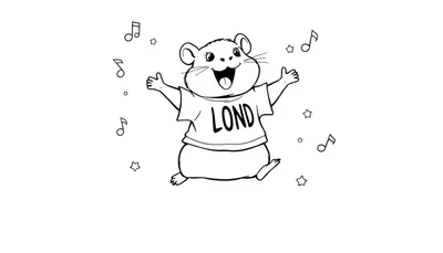 Kleurplaat van een vrolijke hamster met een 'LOND' T-shirt, muzieknoten en sterren.