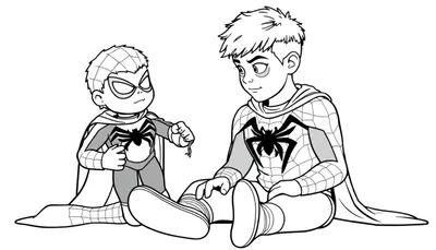 Kleurplaat van twee jongetjes verkleed als Spiderman, zittend op de grond.