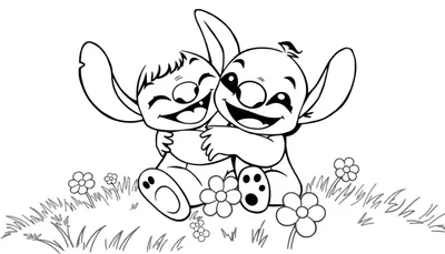 Kleurplaat van twee Stitch-achtige figuren die elkaar knuffelen in een bloemenveld.