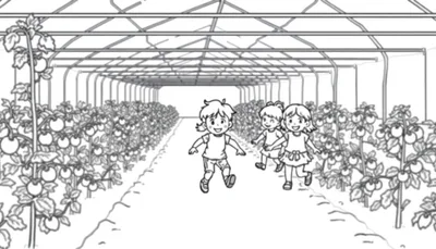 Kleurplaat van drie lachende kinderen die door een tomatenkas rennen, omringd door tomatenplanten.