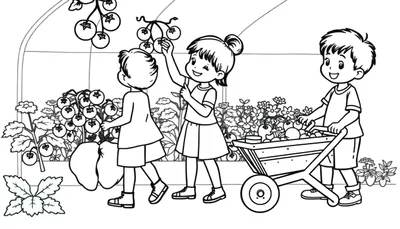 Kleurplaat van kinderen in een kas die tomaten plukken en vervoeren.