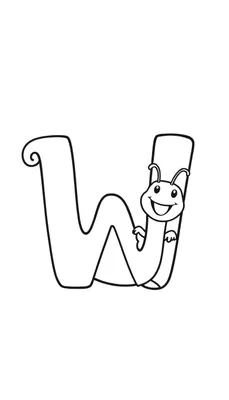 Kleurplaat van de letter W met een lachende rups.