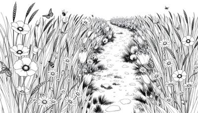 Kleurplaat van een zomerweide met een pad, hoog gras, klaprozen, margrieten en vliegende insecten.