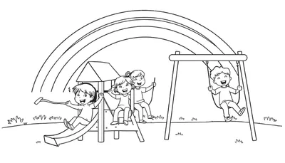 Zwart-wit kleurplaat van een speeltuin met spelende kinderen en een regenboog.