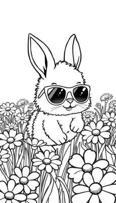 Een tekening van een konijn met zonnebril in een veld vol madeliefjes, als kleurplaat.