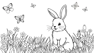 Kleurplaat van een schattig konijntje omringd door vlinders en bloemen.