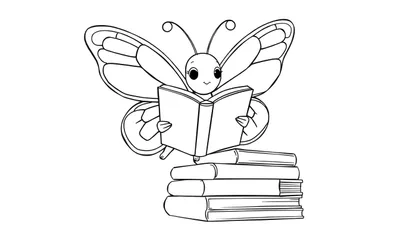 Kleurplaat van een schattige vlinder die een boek leest op een stapel boeken.