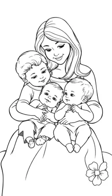 Kleurplaat van een jonge vrouw die drie baby's vasthoudt.
