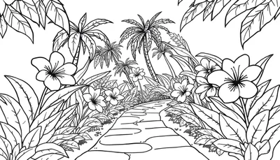 Kleurplaat van een tropisch eiland met een junglepad, palmbomen en grote bladeren.