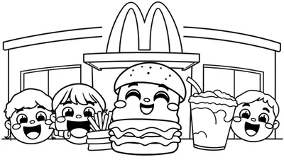 Kleurplaat van McDonald's met lachend eten.