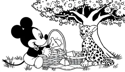 Kleurplaat van Mickey Mouse en een jachtluipaard die samen picknicken.