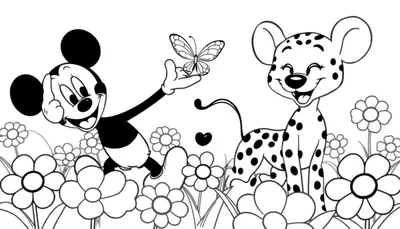 Zwart-wit kleurplaat van Mickey Mouse die een dalmatiër puppy en een vlinder in een bloementuin ontmoet.
