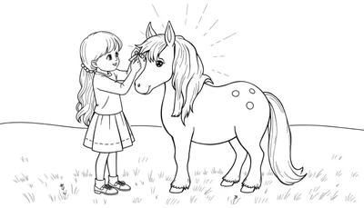 Kleurplaat van een meisje dat een lintje in de manen van een pony met stipjes doet.