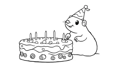 Een schattige muis in een feestmuts versiert een verjaardagstaart, een kleurplaat.