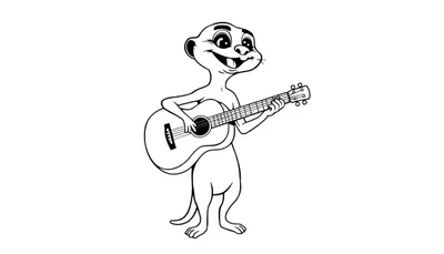 Een zwart-witte kleurplaat van een magere stokstaart die op een gitaar speelt.