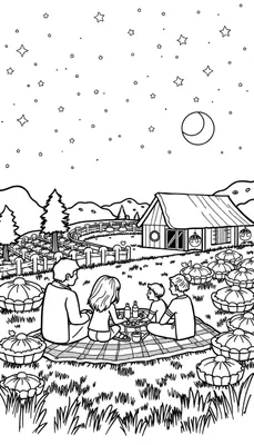 Een kleurplaat van een gezin dat 's nachts picknickt op een pompoenveld bij een huis.