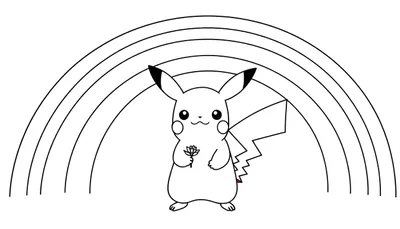 Pikachu kleurplaat bij een regenboog met een bloem.