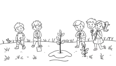 Zwart-wit kleurplaat van kinderen die een boom planten met schoppen en een klein boompje.