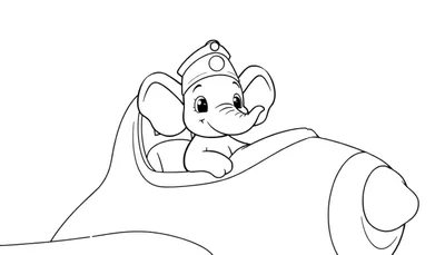 Zwart-wit kleurplaat van een olifant met een petje die een vliegtuig bestuurt.