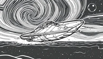 Een zwart-wit, lineaire kleurplaat van een futuristisch ruimteschip dat over een wateroppervlak raast, met een kosmische vortex erboven en een maan in de verte.